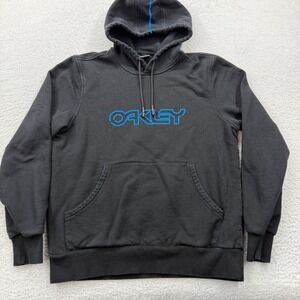 Oakley Mens Small Custom Fit Hoodie Black Blue Logo Racing Stripe Pullover